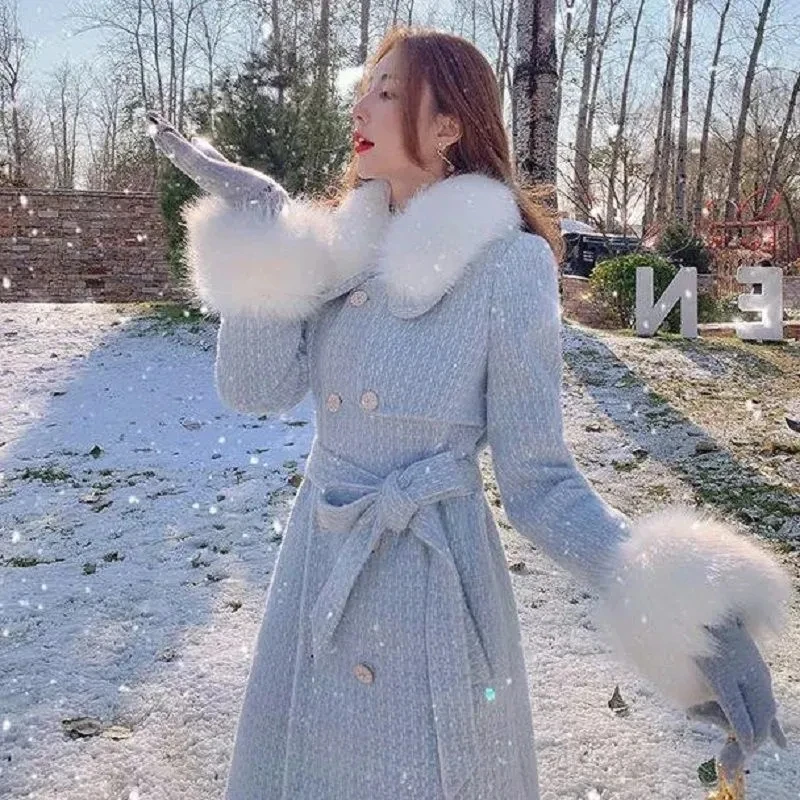 

Высококачественное зимнее утолщенное теплое шерстяное пальто из искусственной норки для женщин, новое шерстяное пальто средней длины с меховым воротником для женщин