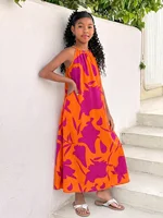 Robe décontractée pour filles, robe d'été tropicale à fleurs, dos nu, avec fente, en orange vif, adaptée aux enfants de 8 à 12 ans 5