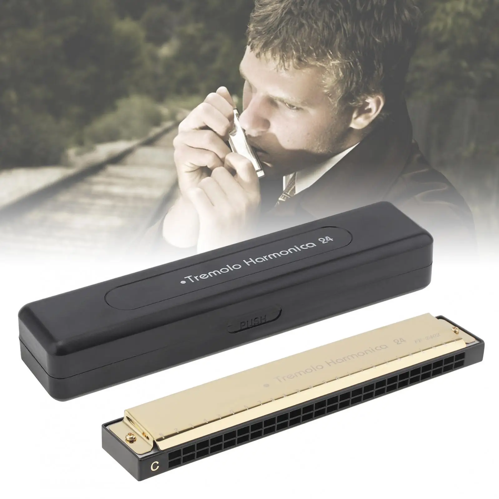 24 Holes KeyC Gold Tremolo Harmonica, 8K Titanium Harp Mouth Organ with Carrying Case for all kinds of music style
