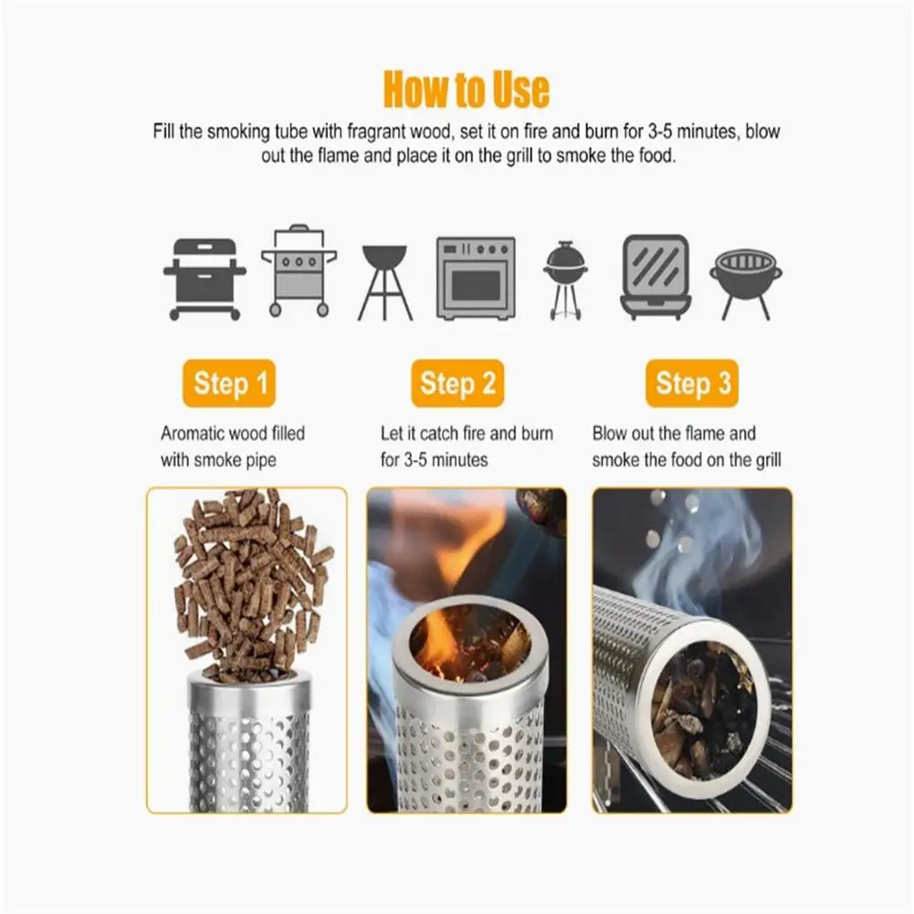 BBQ Grill Smoker Box Tube Pipe Densed Ventilation Hole Multi-purpose 304 Stainless Steel For Meat Smoking Accessories Tools