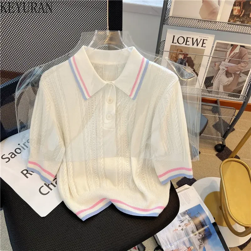 Polo Collar White Pullover Sweater Women Knitted T-Shirt Spring Summer 2023  Loose Casual Short Sleeve Knitwear Tops Woman Tees