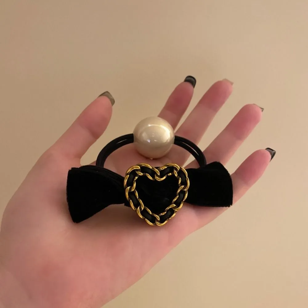 Heart Bow Hair Rope Trendy High Elastic Ponytail Holder Retro Hair Tie Hair Scrunchies Pearl Rubber Band Girls yasuk summer casual shirts pullover women s loose tees gentle heart sport cotton linen hooded tea coat solid chinese style retro