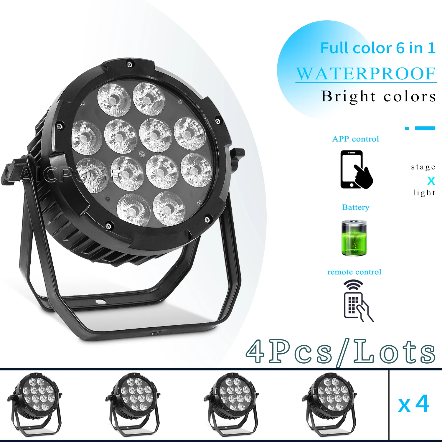 

4PCS 12x18W RGBWA UV 6 in 1 Battery Par Light LED Wireless Remote Control Mobile APP Controlled DMX Waterproof Stage Light