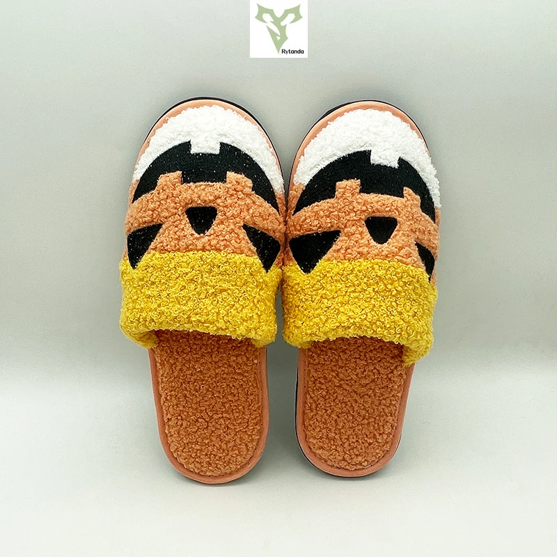 Rytanda Halloween Pumpkin Plush Slippers Funny Candy Corn Lantern Slippers Winter Autumn Warm House Cozy Cute Shoes Men Women