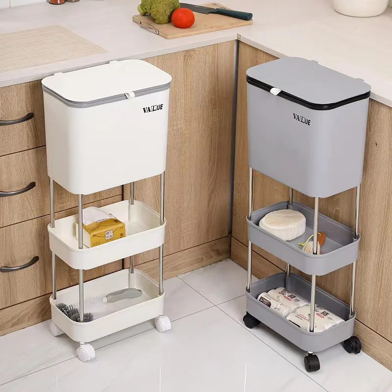 

Kitchen Trash Can with Lid Multi-Layer Floor Roller Movable Home Bathroom Multi-Functional Storage Rack Storage Bucket