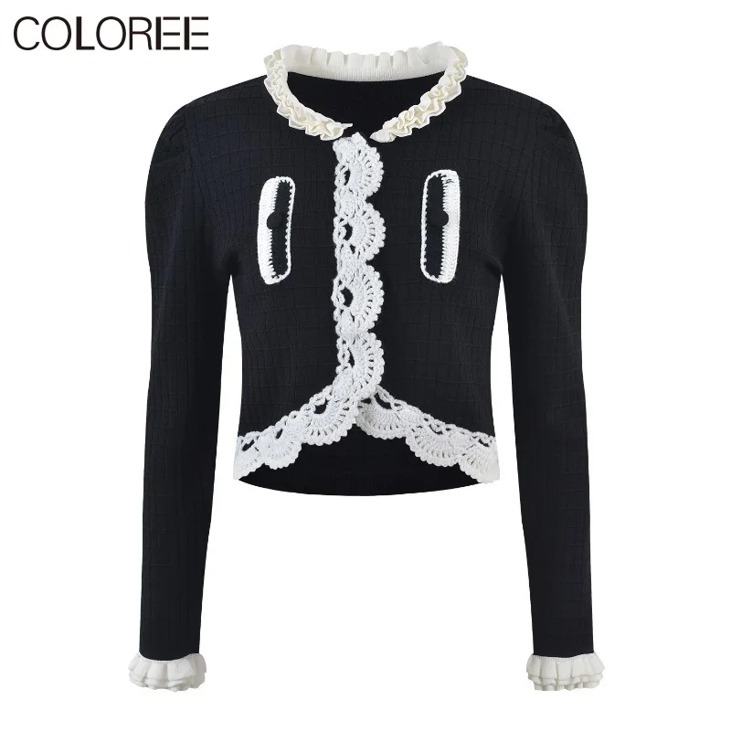 

Vintage Elegant Ruffles Long Sleeve Top for Women 2023 Luxury Designer Knitted Sweater Femme Autumn Black Cardigans Para Mujer