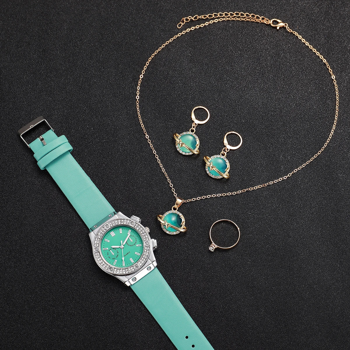 Women Green Leather Strap Quartz Watch Star Jewlery Set 4pcs