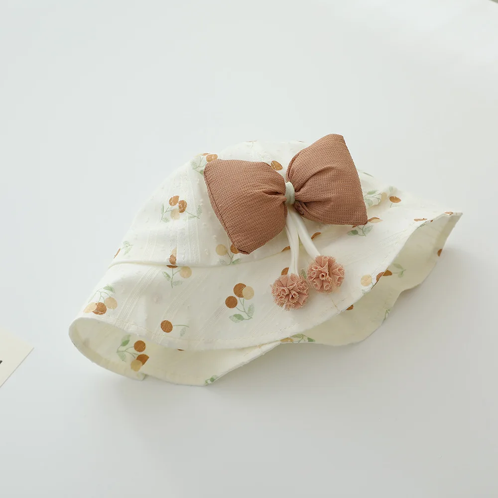 New Spring Summer Fruit Print Baby Sun Hat Big Bow With 2 Hanging Balls Girls Fisherman Cap Cute Princess Bucket Hat