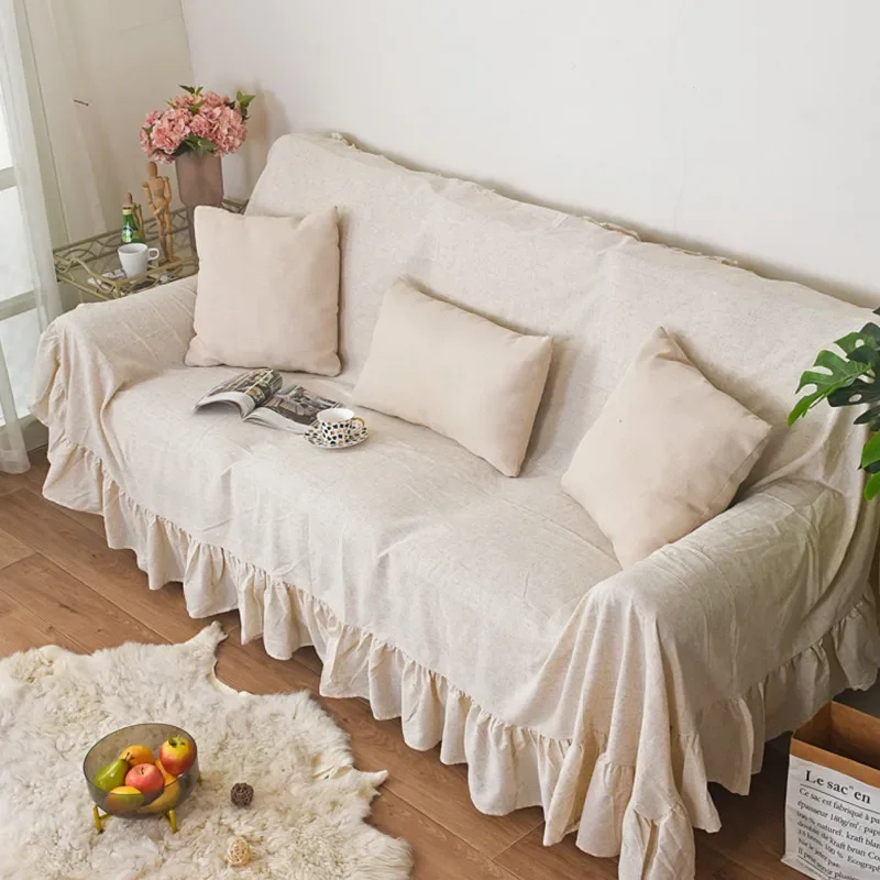 

Ruffles Sofa Towel Multi-functional Cover Polyester Hemp Printing Pastoral Pleat Thick Plain Retro Couch Cover Home Decorate