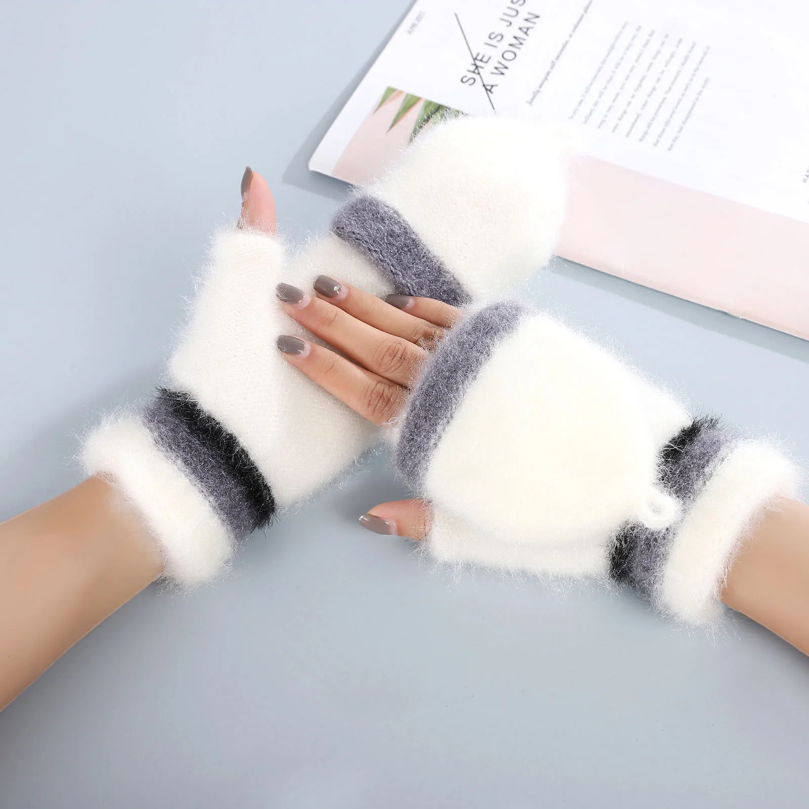 NewWomenWinterGlovesFliptopFurryWarmGlovesKnittedStretchHalf