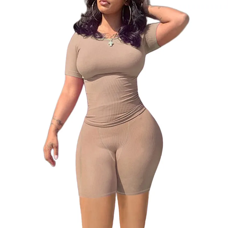 Lounge Wear Ribbed Casual 2 Piece Summer Shorts Set For Somen Short Sleeve Top+Elastic outfits Best Sellers In Women's Clothing