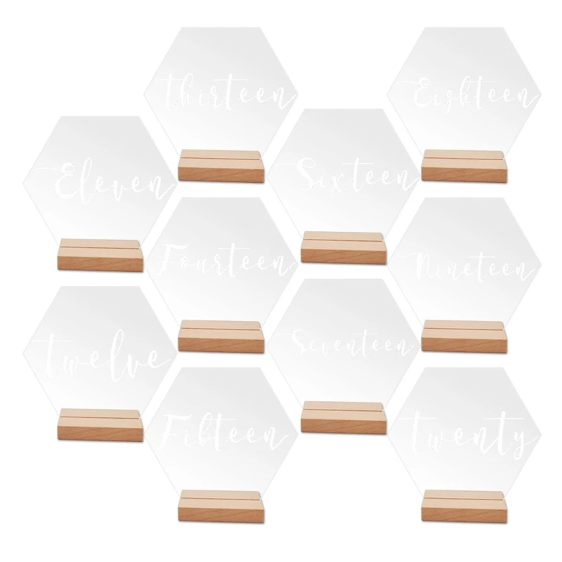 20 PCS Hexagon Acrylic Wedding Table Number Sign with Wood Holder Set Supplies for Home Festival Party Dining Table Decoration