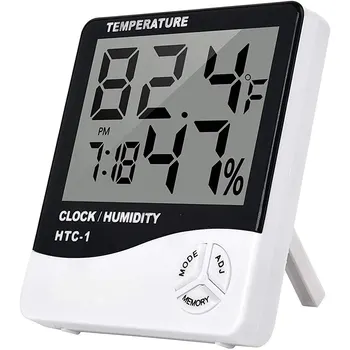 HTC-1 Digital Thermometer Hygrometer Clock Alarm/Alarm Calendar 5 Functions Large Screen Desktop Stand & Wall Mount White 1
