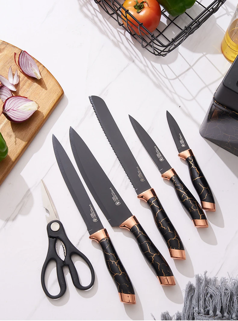 7pcs Kitchen Knife Sets with Grindstone Forged Chef Knife Marble Textured  Handle Gift Sets Tool Holder with Knife Sharpener - AliExpress