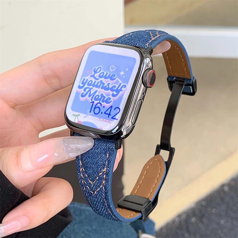 

Mangetic denim canvas band for Apple Watch 41mm 38 40mm 42 44 45mm women luxury slim strap for iWatch Ultra 49mm 8 7 6 se 5 4 3