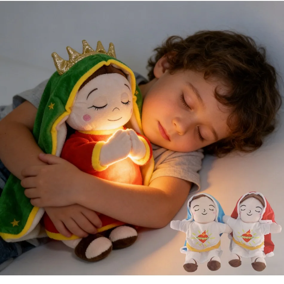 Maria e Jesus: Brinquedo de Pelúcia Musical Calmante com Som de Respiração e Luz, Companheiro para Bebês Dormirem, Boneca Kawaii com Saco de Ar, Presente Ideal