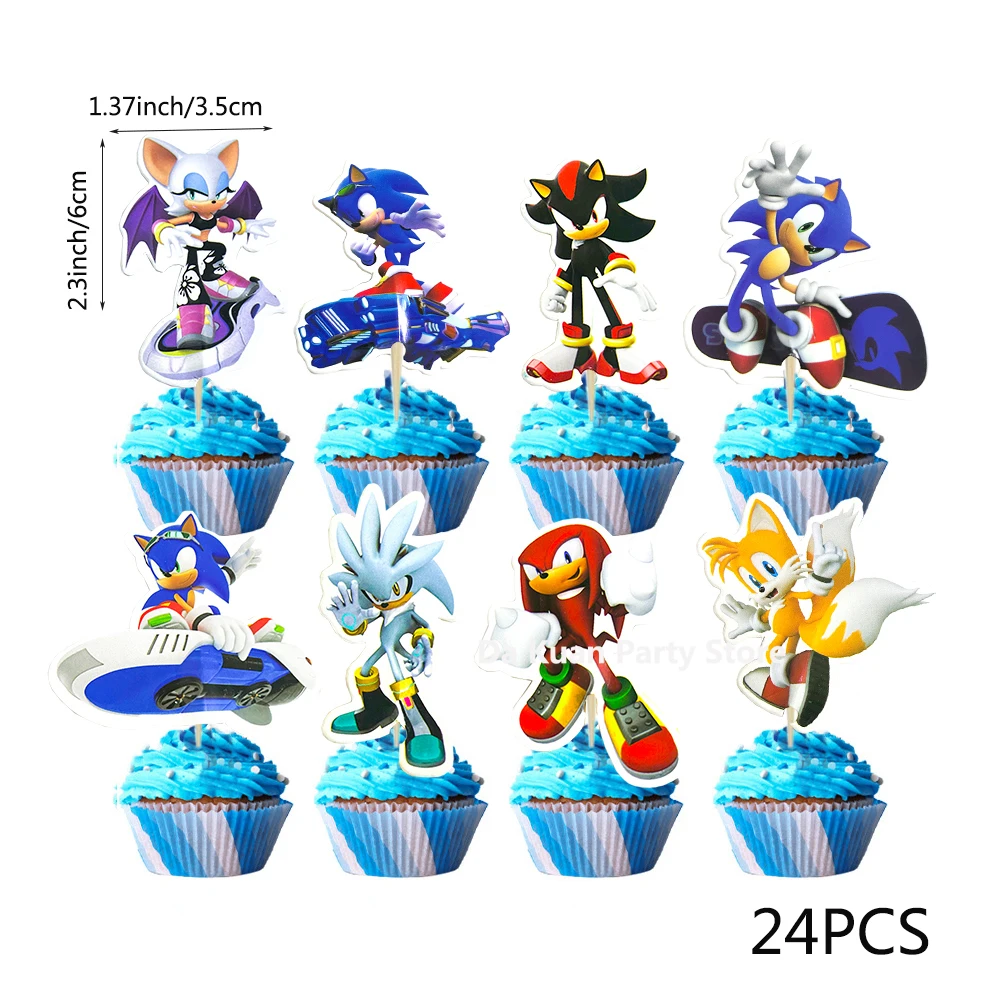 thumbnail image 1 of Kit de 24 piezas con temática de Sonic the Hedgehog, suministros para fiestas de cumpleaños, decoración de tartas de Sonic de dibujos animados, juguetes para niños, regalo, 1 of 5