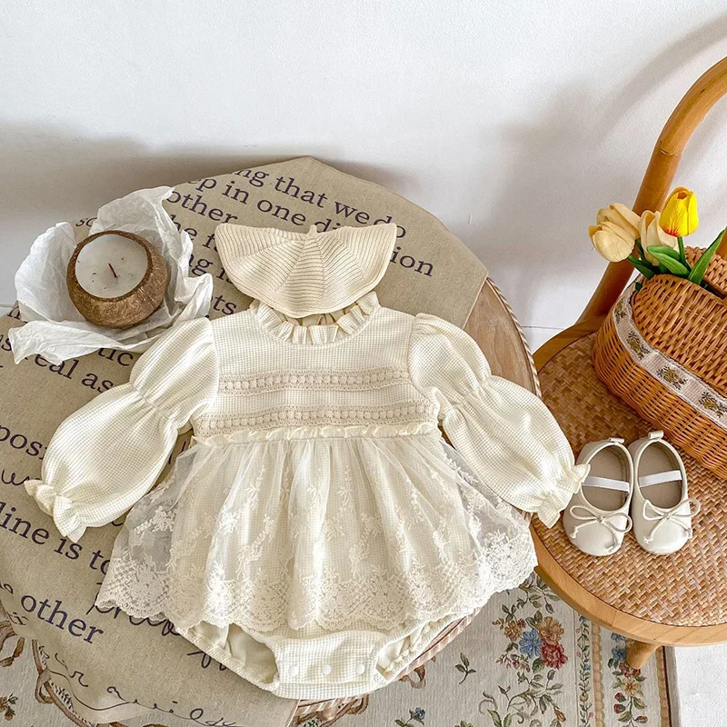 Baby Girls Lace Patchwork Design Bubble Long Sleeve Solid Color Dress bodysuit
