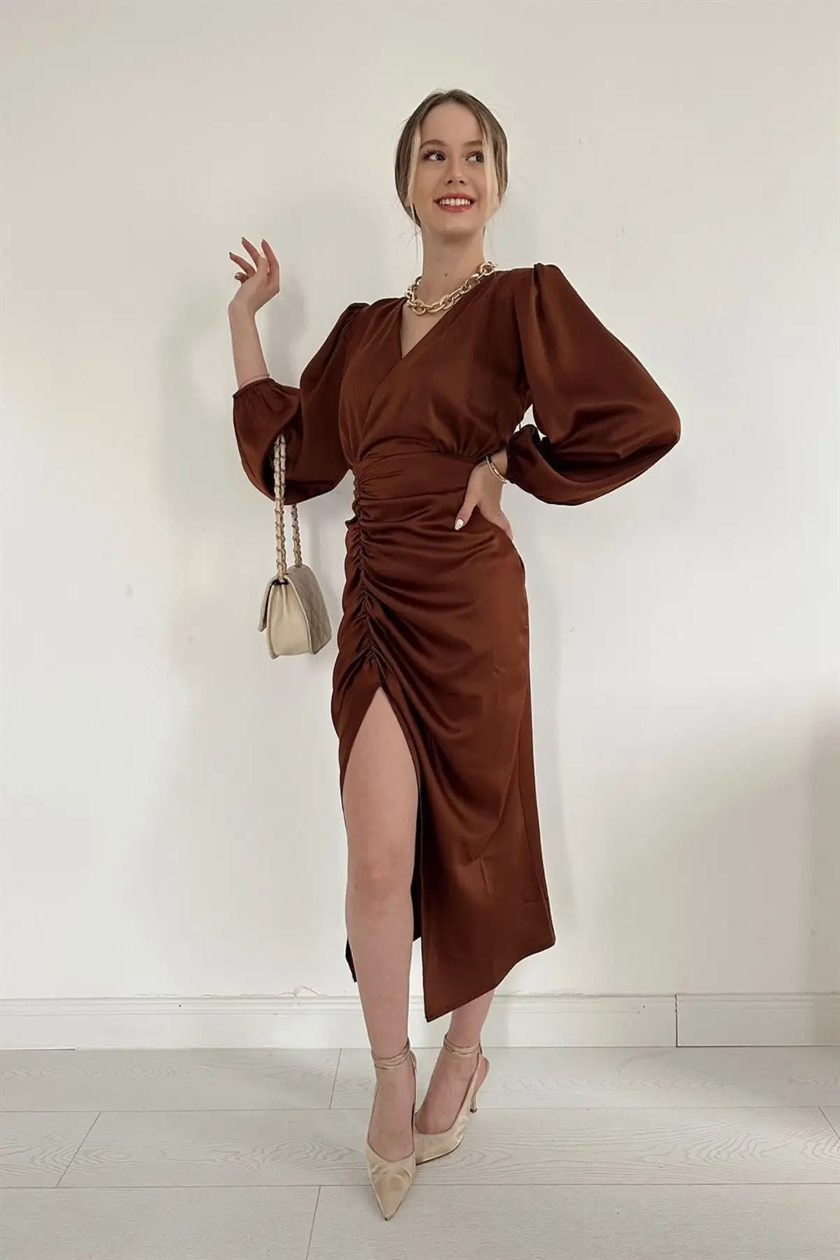 

V Neck Satin Dress-Brown A-Form Fit Party Sexy Midi Zip Trend Long Arm Satin Dress-Brown A-Form Fit Party