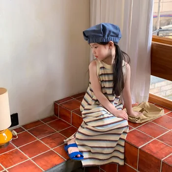 Summer Korean 2024 Toddler Girl Sundress Cotton Sleeveless Striped Young Baby Girl Dress Loose Split Hem Children Girl Sundress