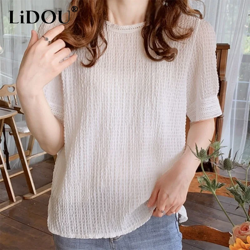 2022 Summer New Elegant Fashion Solid O-neck Simple Puff Short Sleeve Chiffon Pullover Shirt Women Loose Casual Wild Blouse Top