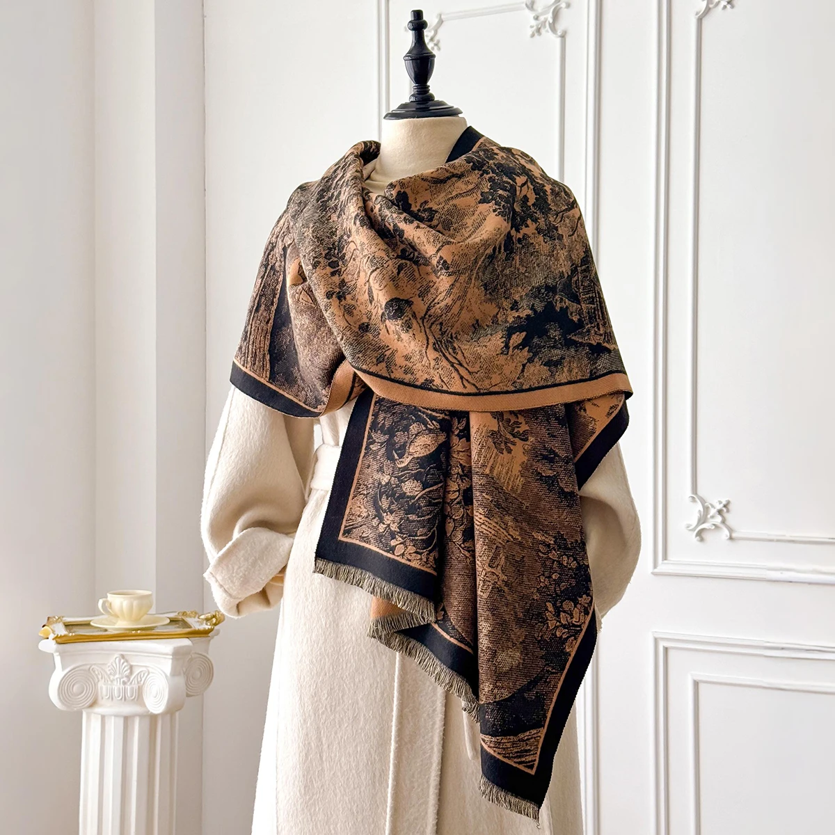 Elegant Retro Style Women's Double-Sided Landscape Print Cashmere Scarf Winter Warm Pashmina Shawl Foulard Poncho