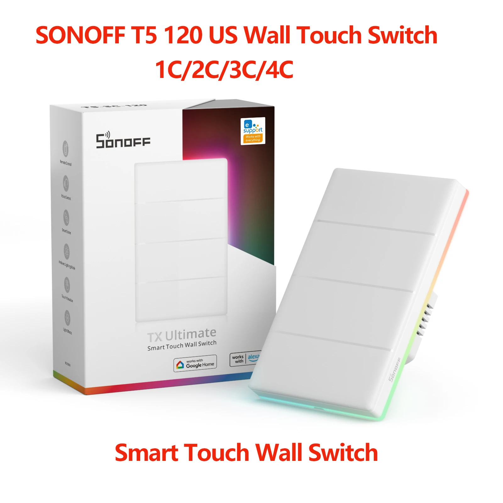 Sonoff T5 120 1C 2C 3C 4C Wifi Smart Wall Touch Switch Tx Ultimate Full Touch Access Smart Led Light Switch Controllo Vocale Alexa