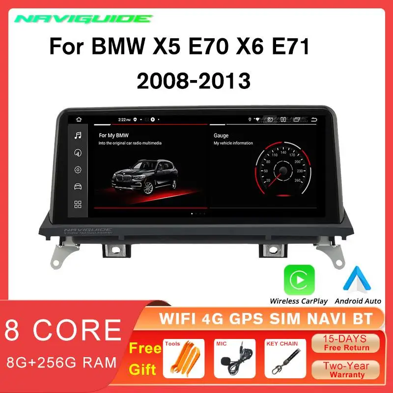 

NAVIGUIDE 10.25'' Carplay Radio Multimedia Player For BMW X5 E70 X6 E71 2008-2013 CCC CIC Android Auto Head Unit Display Screen