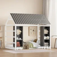 Wooden Twin Size House Bed for Kids,Includes Two Movable Wardrobes,Children Beds Features Cozy Fence and Roof 1
