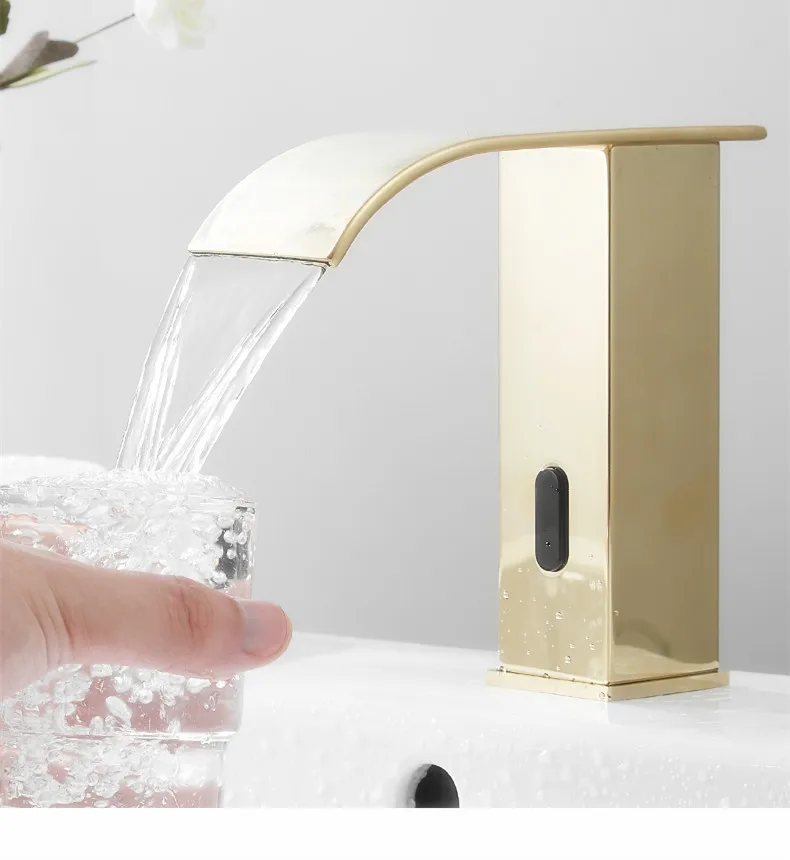 

Free ship Single hole gold Pvd finish waterfall sensor bathroom sink Mixer faucet infrared tap deck mounted