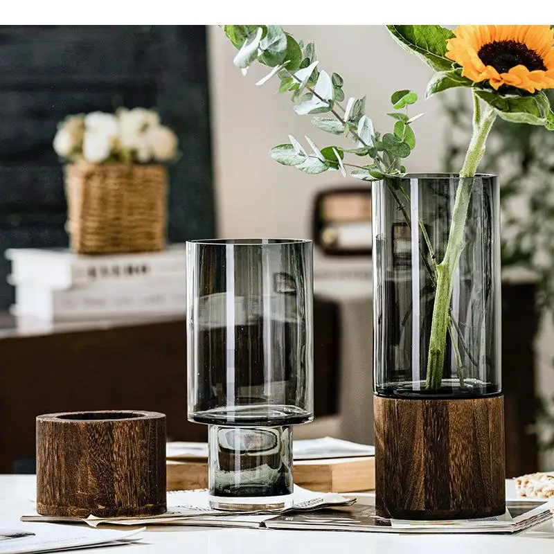 

Минималистичная стеклянная ваза, деревянная основа, Гидропонные цветочные горшки, украшение для стола, декоративные вазы с орнаментом