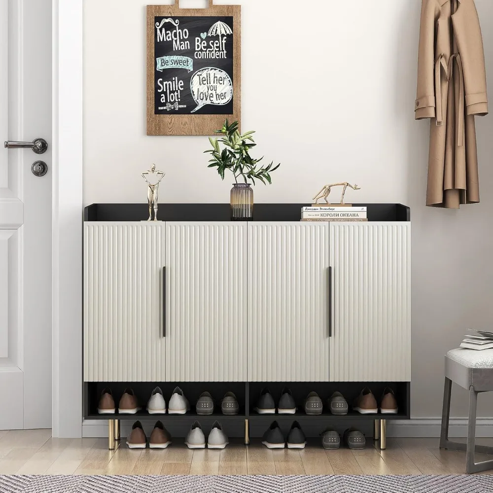 Shoe Storage Cabinet Open Compartments, Free Standing Shoe Rack 4 Doors and Adjustable Shelves Sideboard Cabinet