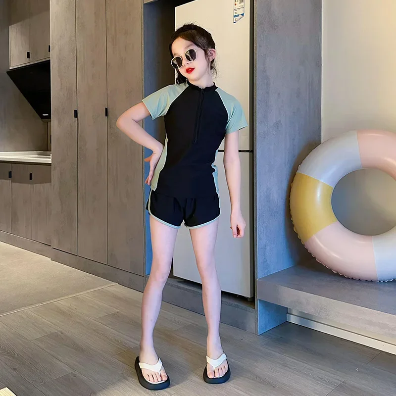 بدلة سباحة للأطفال مكونة من قطعتين بدلة تدريب للفتيات على الشاطئ لعمر 12-14 سنة ملابس سباحة خفيفة الوزن ومريحة