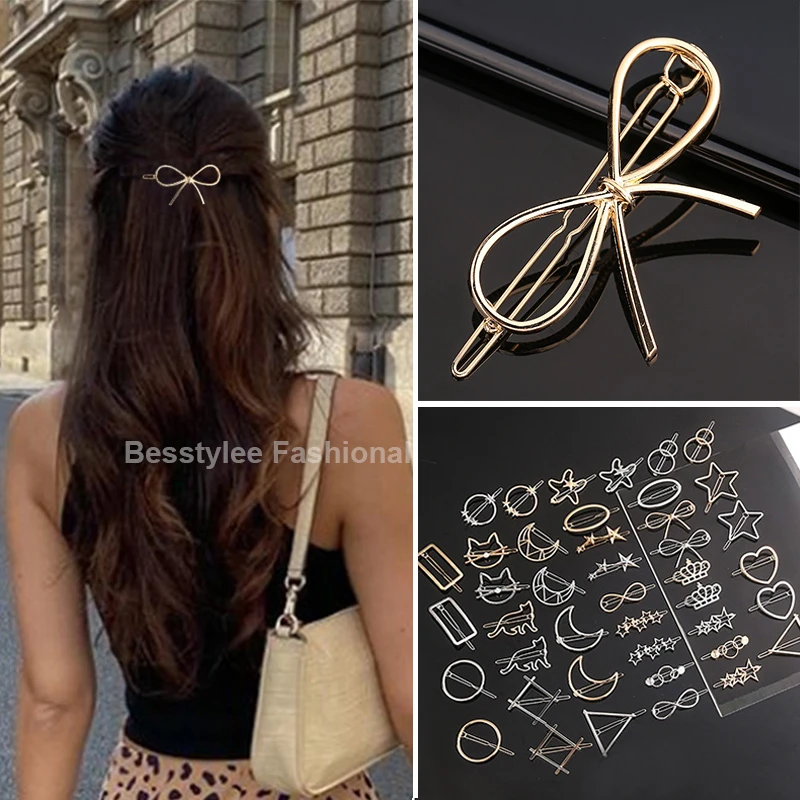 Fashion Woman Bow Hair Clip Metal Geometric Mini Hairpins Alloy Round Star Hairgrip Barrette Girls Headwear Hair Accessories claw hair clips