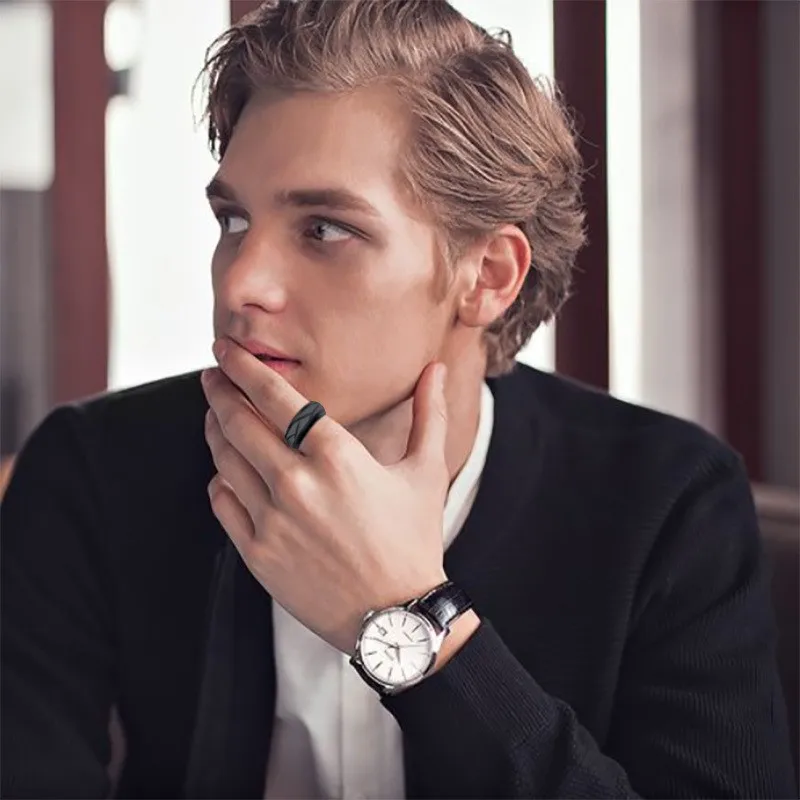 Elegant Black Stainless Steel Ring with Tire Groove Design – Men's Stylish Accessory and Unique Gift