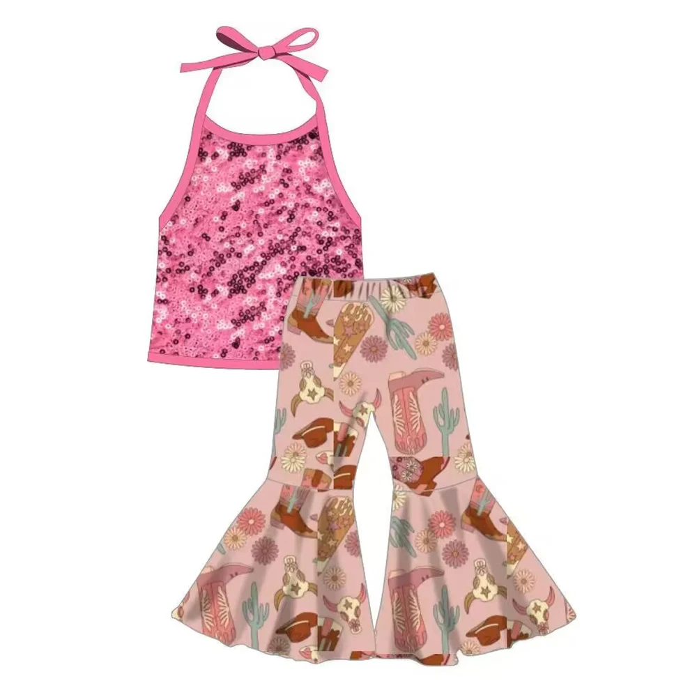 

Fashion Fancy Boutique Girl Clothes Sets Sequin Sleeveless Top and Bell Buttom Pants Sets Clothes Girls