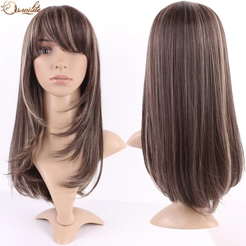 S-noilite Synthetic Hair Straight Brown Wig With Bangs For Black Women Fake Hair Heat Resistant Wigs For African American