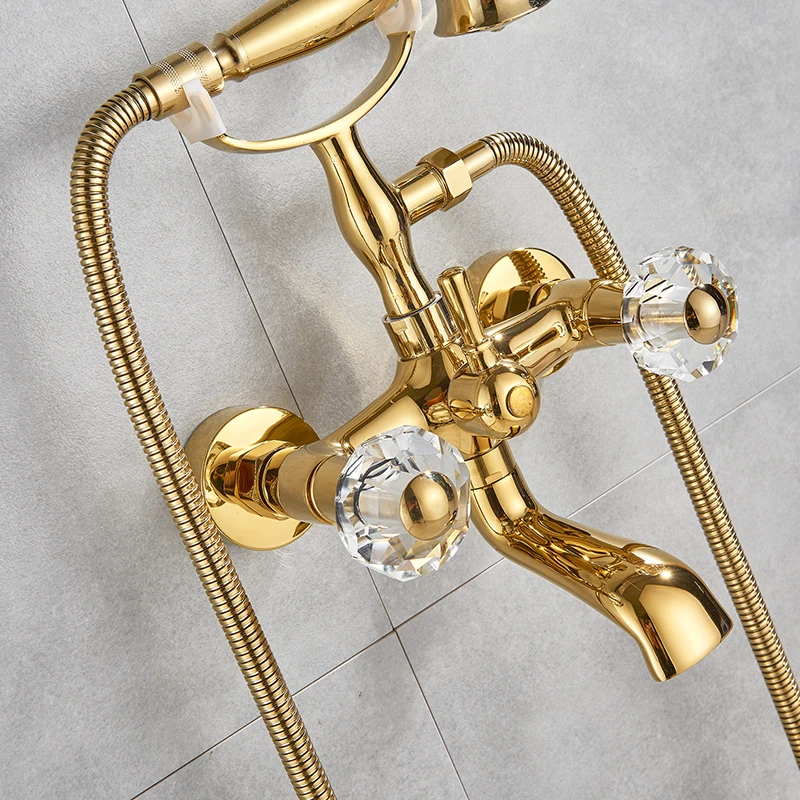 Telephone Style Golden Waterfall Bathtub Faucet Bathroom Brass Bath Faucets Waterfall Rotatb Spout Hot&Cold water Shower tap set 4