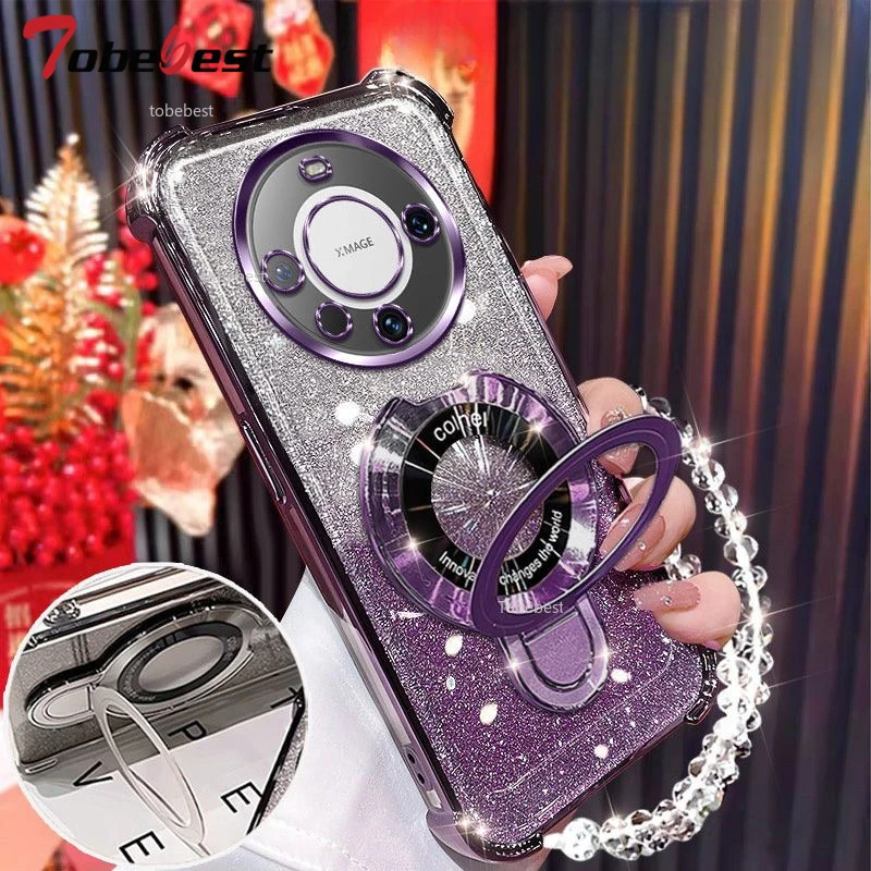 Glitter Plating Shockproof Magnetic Holder Phone Case with Bracelet Cover