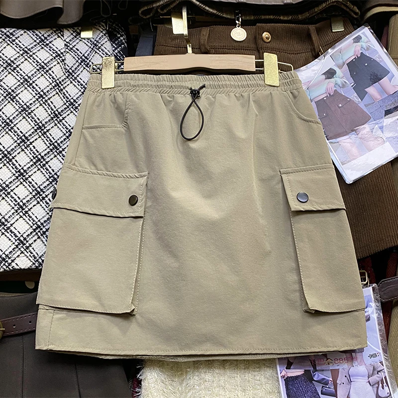 

Cargo Skirt Women Pockets Elastic High-waisted Drawstring A-line Mini Skirts Woman American Retro Streetwear Spring Dropshipping