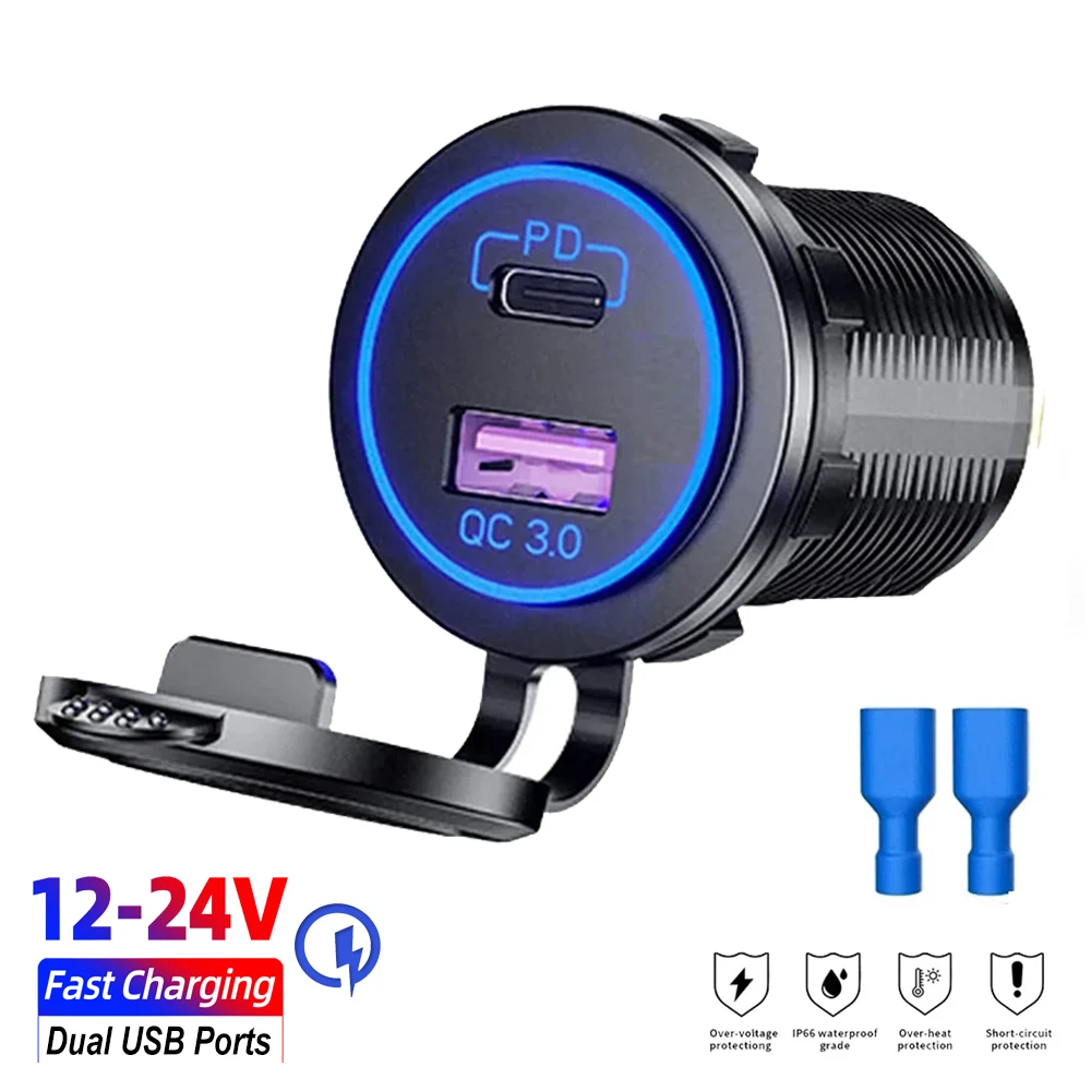 

12-24V Dual USB Car Quicker Charger QC3.0 & TYPE-C PD 54W RV Yacht Car Fast Charging Charger