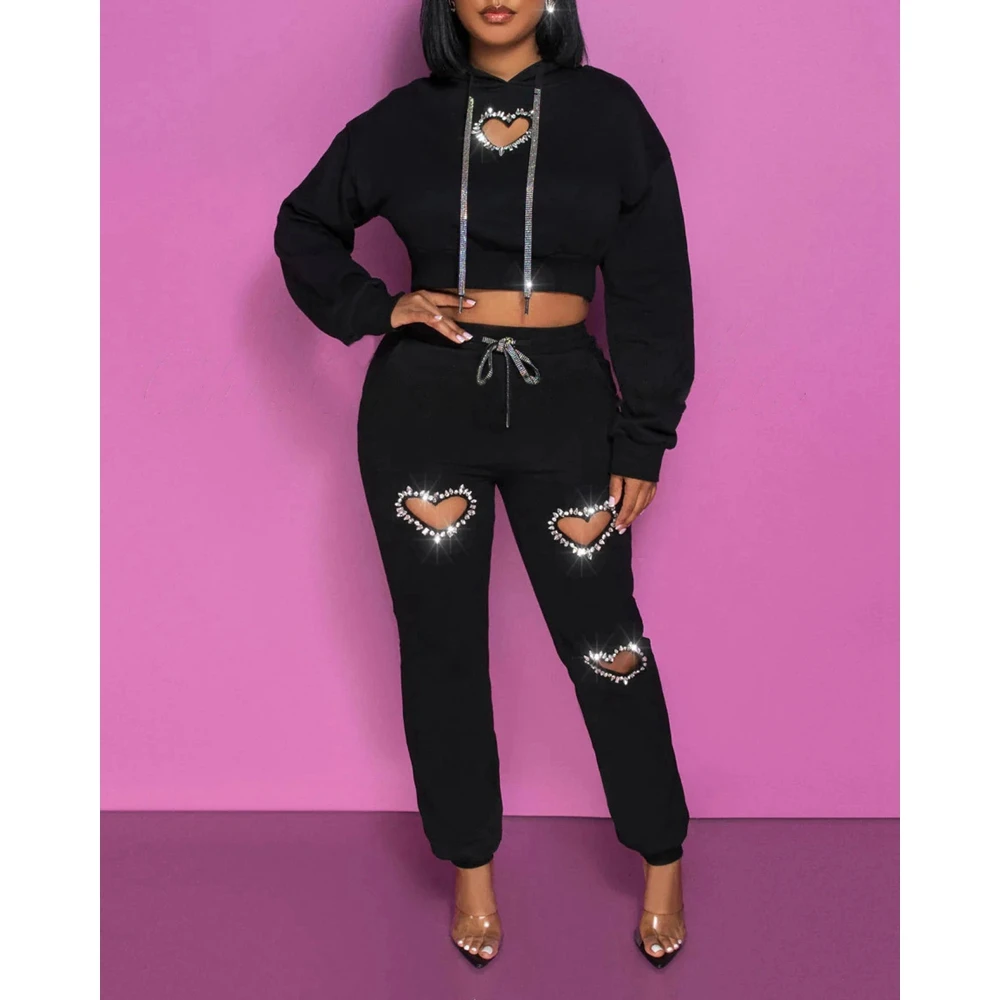 2024 Spring Women Heart Rhinestone Design Hoodie Top & Drawstring Pants Set Femme Casual Two Pieces Suit Set Outwear y2k Clothes