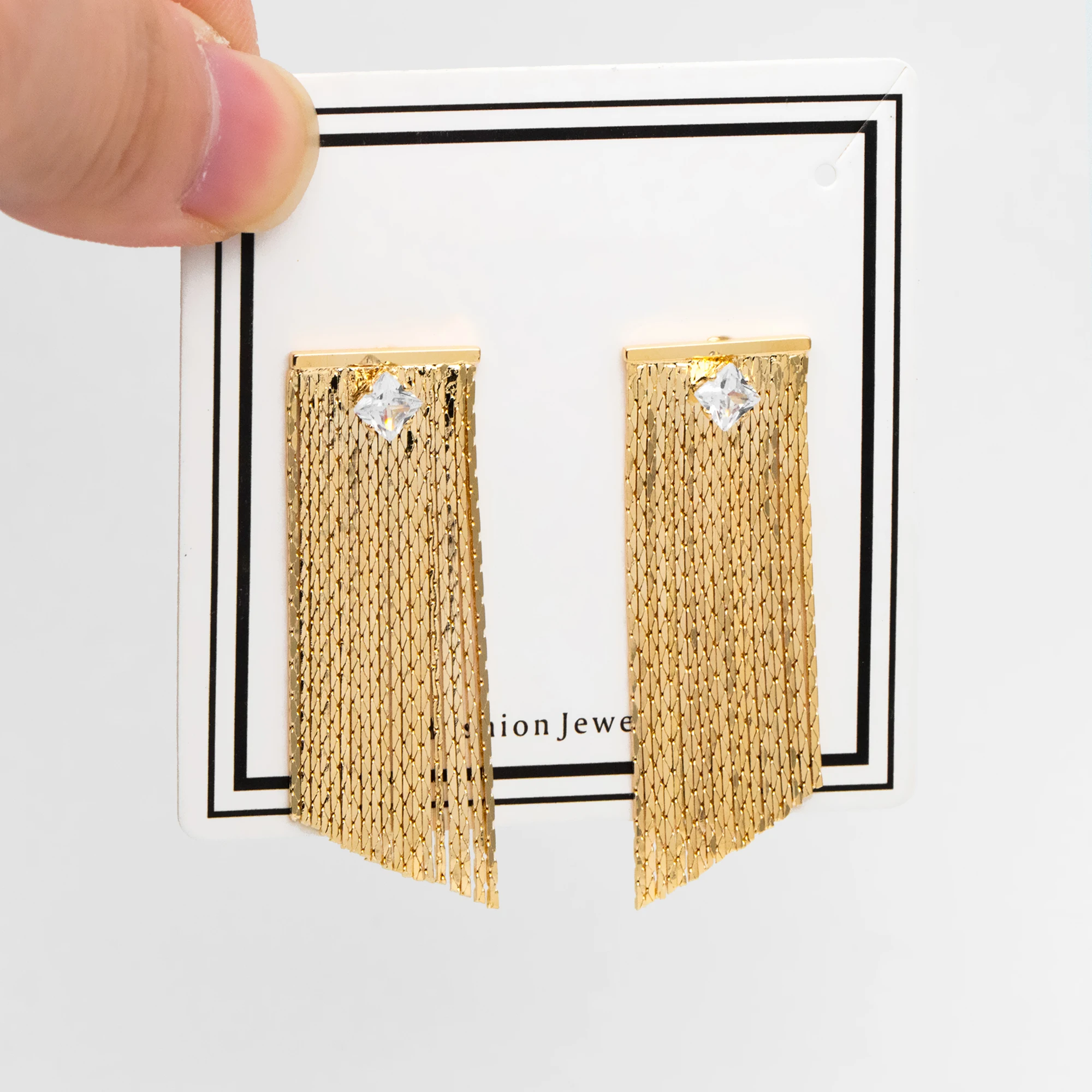 

4pcs CZ Paved Chain Tassel Earrings, Long Tassel Stud Earring, Gold Dangling Earrings, Minimalist Earrings (GB-3483)