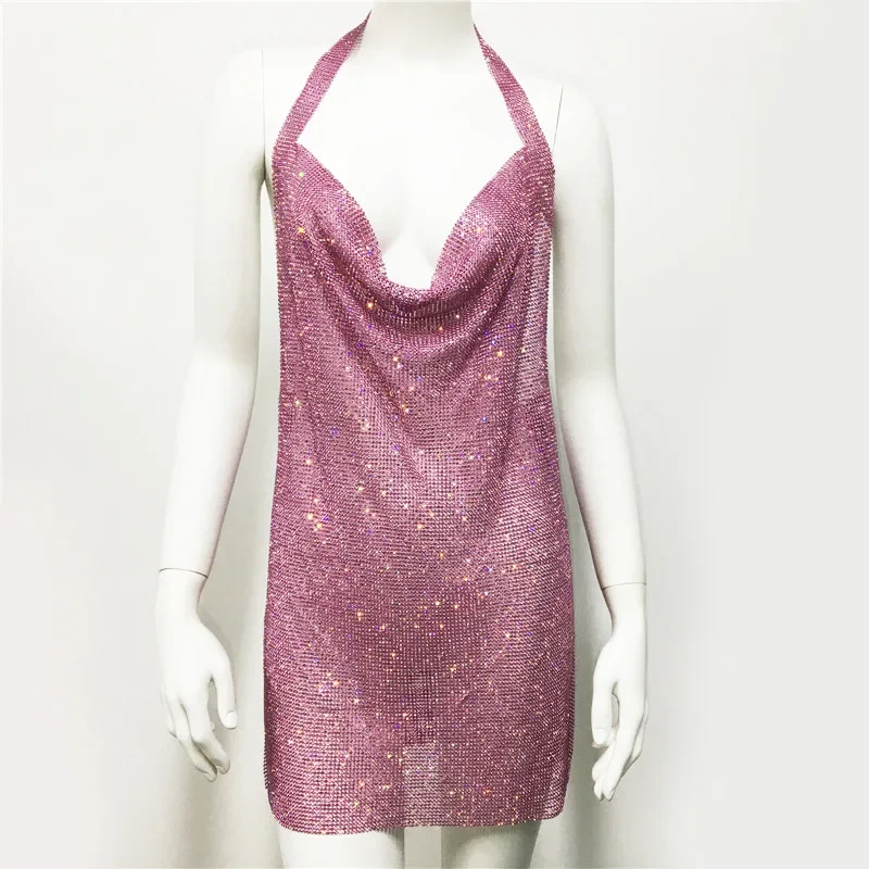 

Suspender Metal Sequin Dress Nightclub Performance Dancing Party Sexy Spice Girl Punk Style Deep V Backless Chain Female Skirt