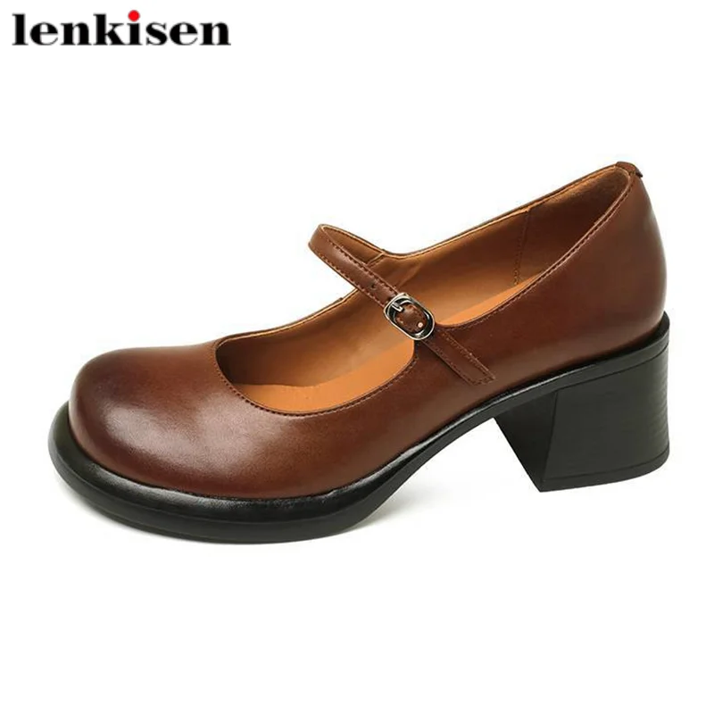 

Lenkisen Cow Split Leather Round Toe Thick High Heels Mary Janes Vintage Causal Preppy Style Buckle Strap Lolita Women Pumps