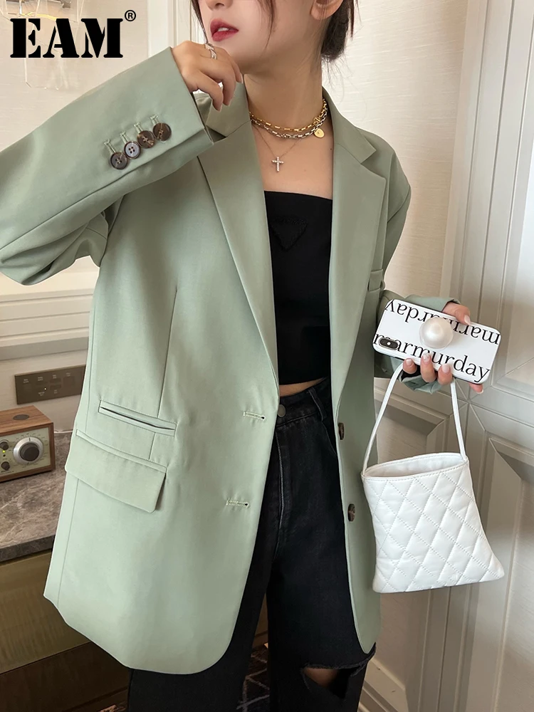 

[EAM] Women Green Pockets Big Size Elegant Blazer New Lapel Long Sleeve Loose Fit Jacket Fashion Tide Spring Autumn 2023 1DF5566