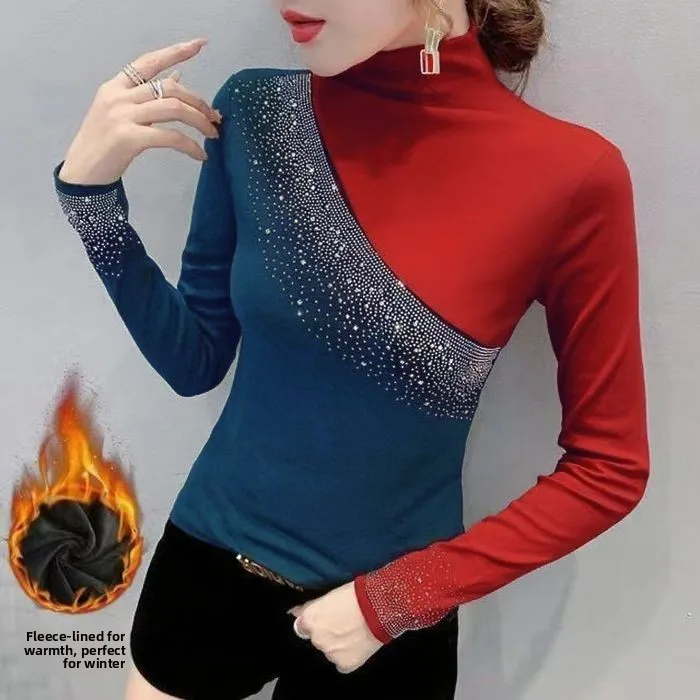 Blue fleece-lined 708 [mock neck fleece-lined base layer top for women]
