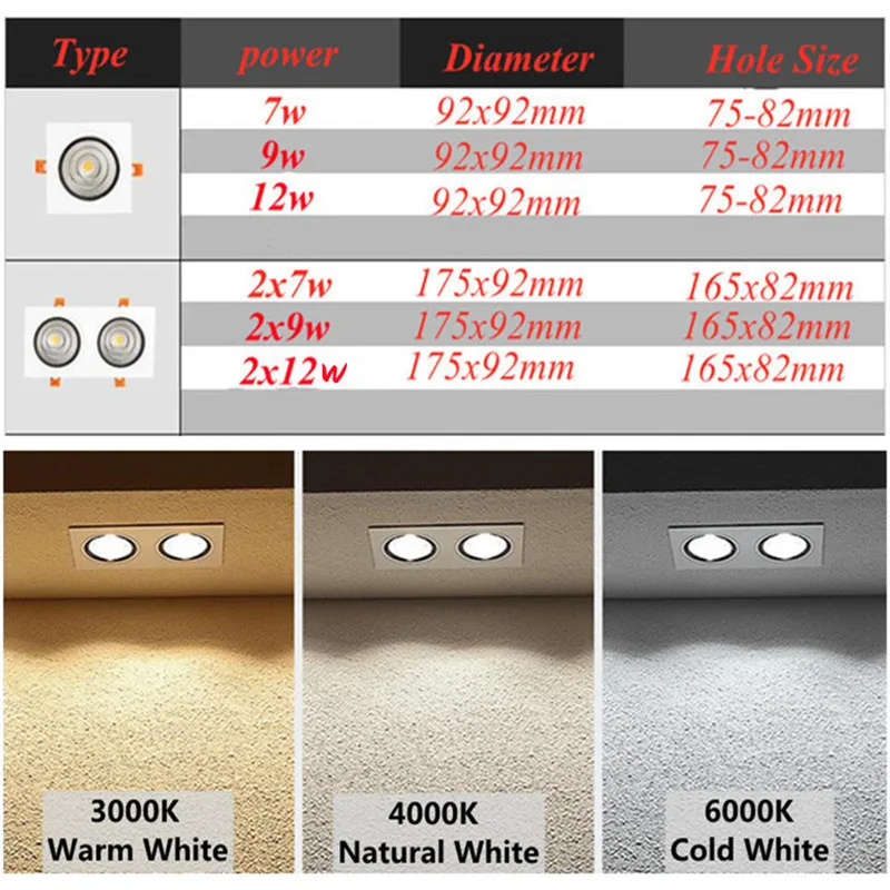 shallow downlights Embedded square spot light Dimmable LED down light COB ceiling light7W9W14W18W24W LED ceiling light wall washing light lighting downlighters