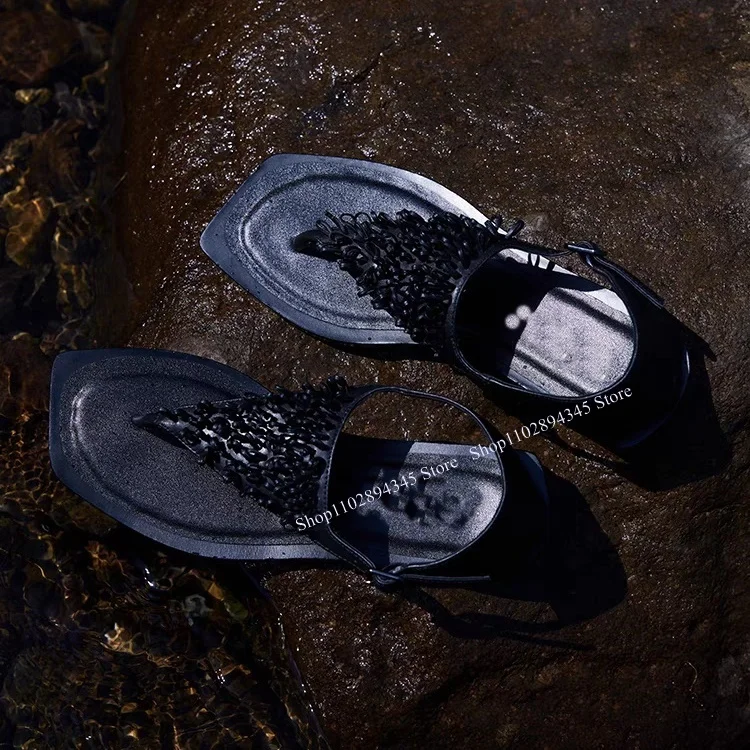 

Black Rivet Decor Sandals Square Toe Flattie Shallow Fashionable Sexy Novel Style 2023 Summer Woman Shoes Zapatillas Mujer