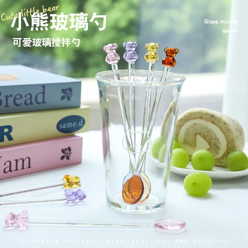 Japanese Style Milk Dessert Teddy Bear Spoon Colorful Transparent Glass Spoon Long Handled Coffee Stirring